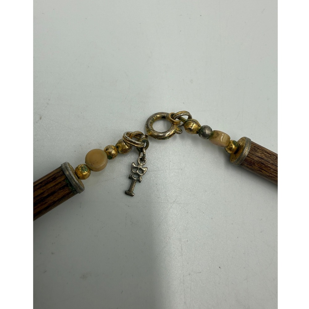 Vintage Trifari Wood Tube Bead Necklace Gold Tone Mixed Metal Earthy Boho 22" - Picture 3 of 4
